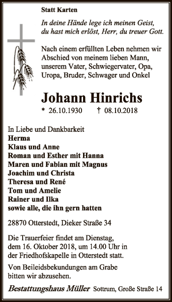 Traueranzeige von Johann Hinrichs von SYK