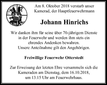 Traueranzeige von Johann Hinrichs von SYK