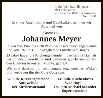 Traueranzeige von Johannes  Meyer von SYK