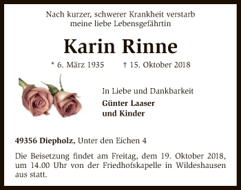 Traueranzeige von Karin Rinne von SYK