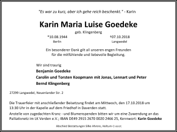 Traueranzeige von Karin Maria Luise Goedeke von SYK