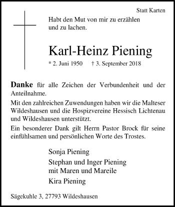 Traueranzeige von Karl-Heinz Piening von SYK