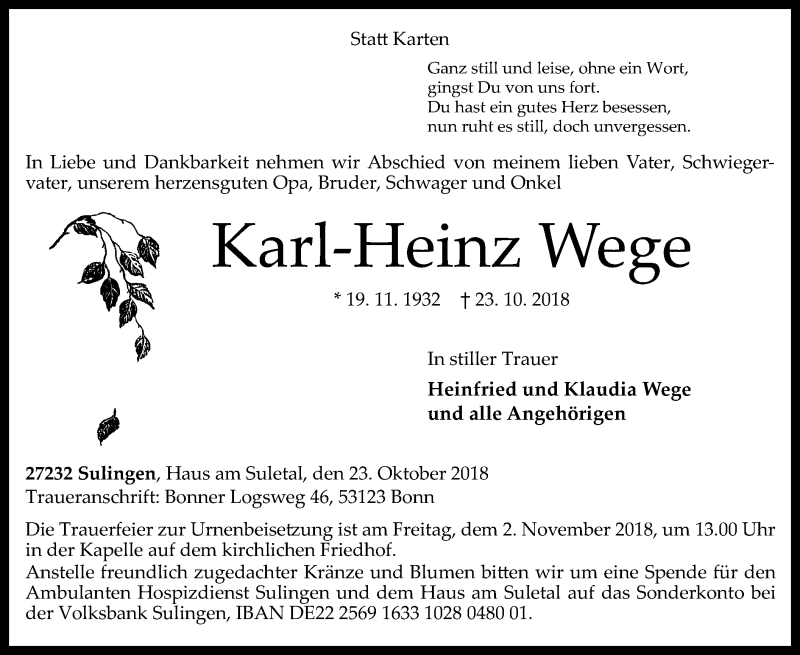  Traueranzeige für Karl-Heinz Wege vom 27.10.2018 aus SYK