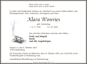 Traueranzeige von Klara Wowries von SYK