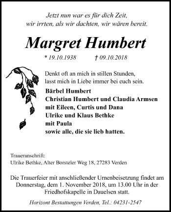 Traueranzeige von Margret Humbert von SYK