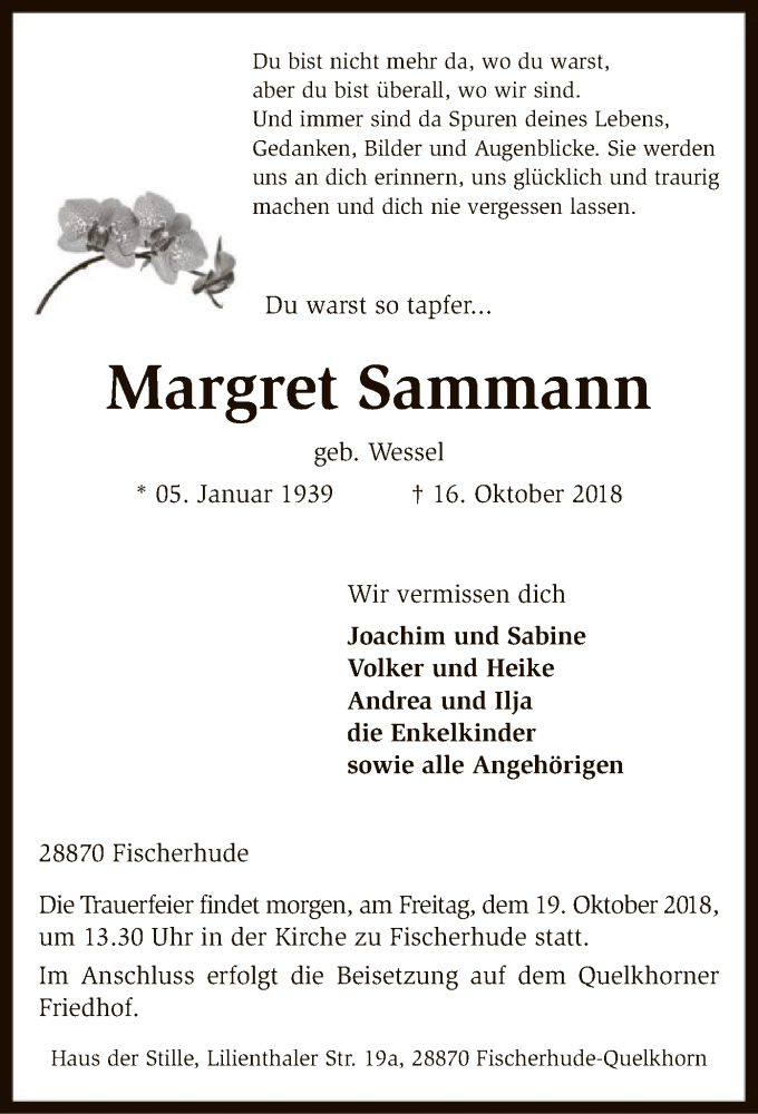  Traueranzeige für Margret Sammann vom 18.10.2018 aus SYK