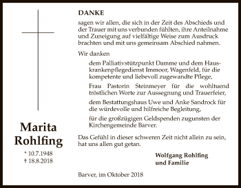 Traueranzeige von Marita Rohlfing von SYK