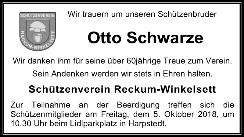  Traueranzeige für Otto Schwarze vom 02.10.2018 aus SYK