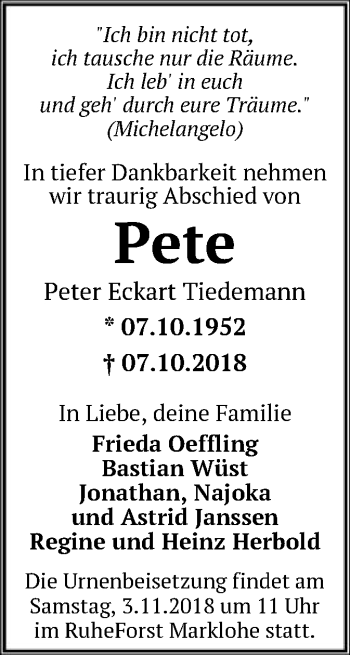 Traueranzeige von Peter Eckart Tiedemann von SYK