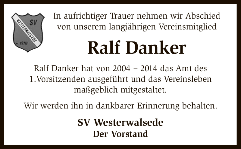  Traueranzeige für Ralf Danker vom 26.10.2018 aus SYK