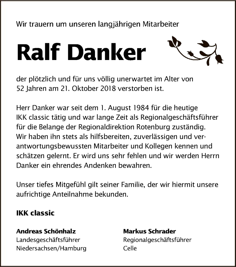  Traueranzeige für Ralf Danker vom 26.10.2018 aus SYK