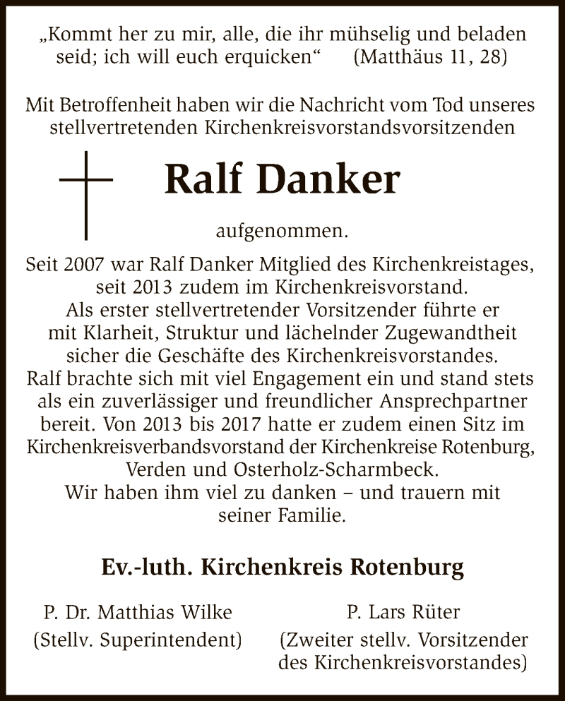  Traueranzeige für Ralf Danker vom 26.10.2018 aus SYK