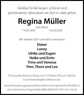 Traueranzeige von Regina Müller von SYK