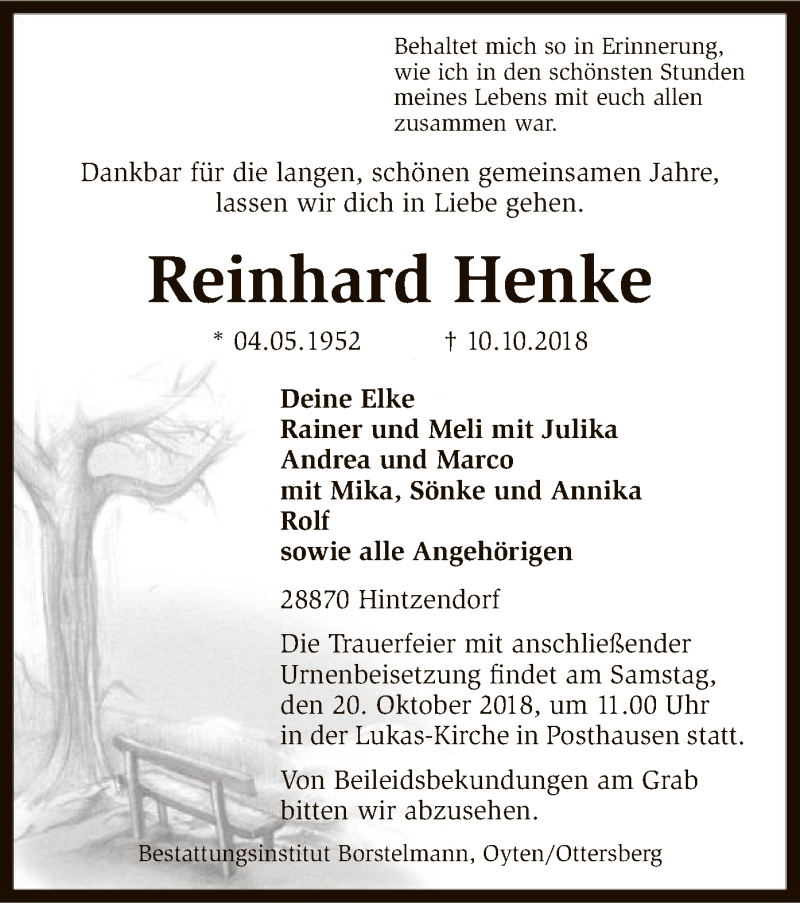  Traueranzeige für Reinhard Henke vom 15.10.2018 aus SYK