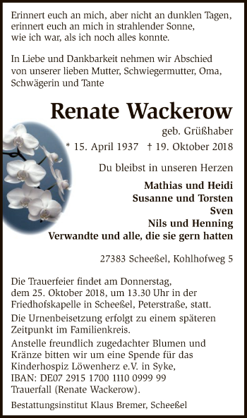 Traueranzeige von Renate Wackerow von SYK