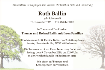 Traueranzeige von Ruth Ballin von SYK