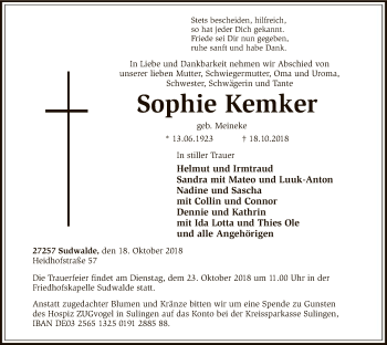 Traueranzeige von Sophie Kemker von SYK