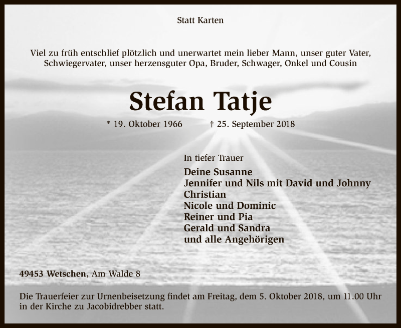  Traueranzeige für Stefan Tatje vom 01.10.2018 aus SYK