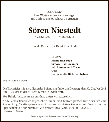 Traueranzeige von Sören Niestedt von SYK