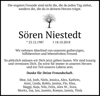 Traueranzeige von Sören Niestedt von SYK