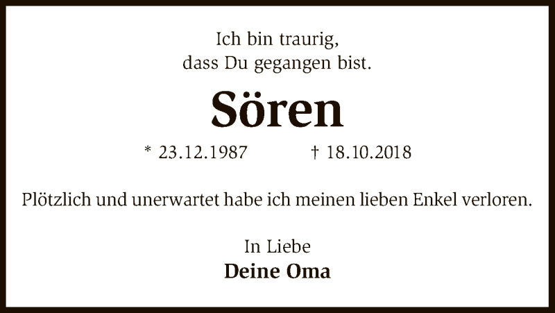  Traueranzeige für Sören Niestedt vom 27.10.2018 aus SYK