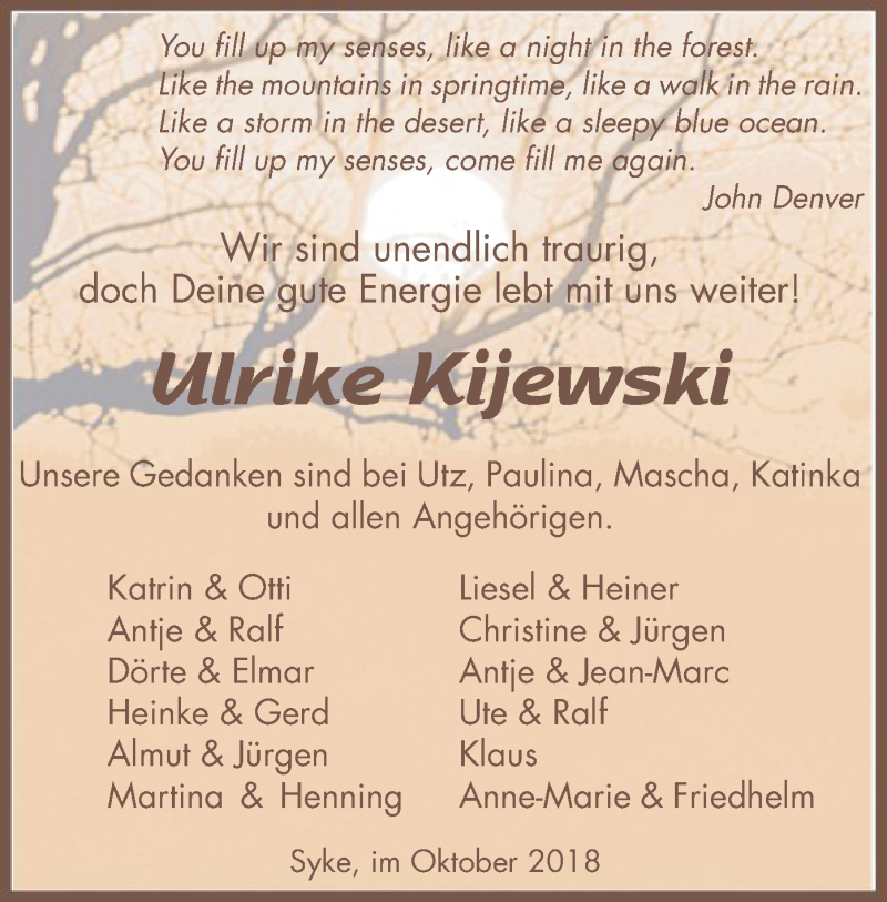  Traueranzeige für Ulrike Kijewski vom 11.10.2018 aus SYK