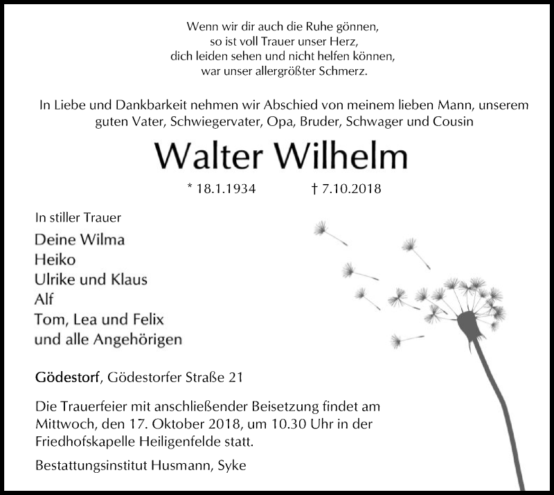  Traueranzeige für Walter Wilhelm vom 10.10.2018 aus SYK