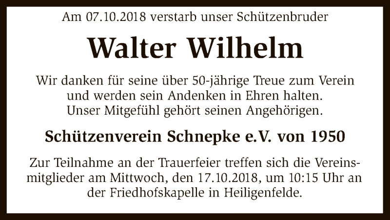  Traueranzeige für Walter Wilhelm vom 11.10.2018 aus SYK