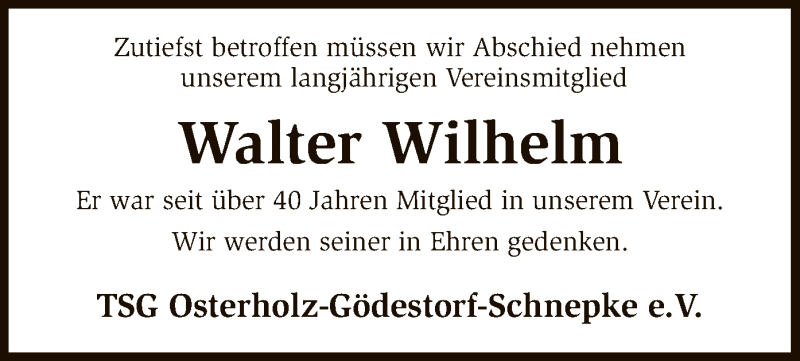  Traueranzeige für Walter Wilhelm vom 12.10.2018 aus SYK