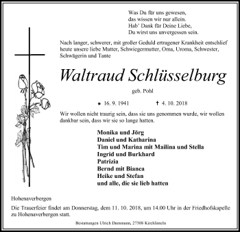 Traueranzeige von Waltraud Schlüsselburg von SYK