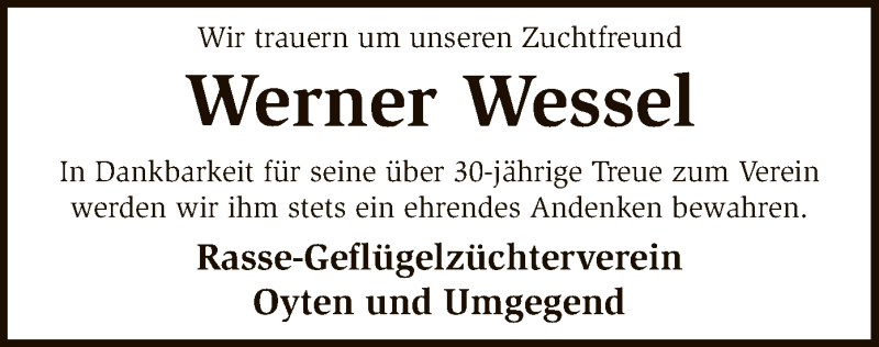  Traueranzeige für Werner Wessel vom 26.10.2018 aus SYK