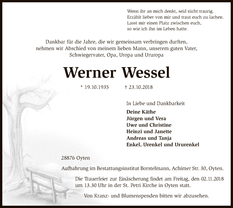  Traueranzeige für Werner Wessel vom 26.10.2018 aus SYK