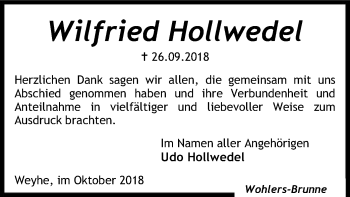 Traueranzeige von Wilfried Hollwedel von SYK