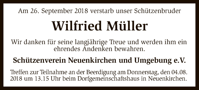  Traueranzeige für Wilfried Müller vom 02.10.2018 aus SYK