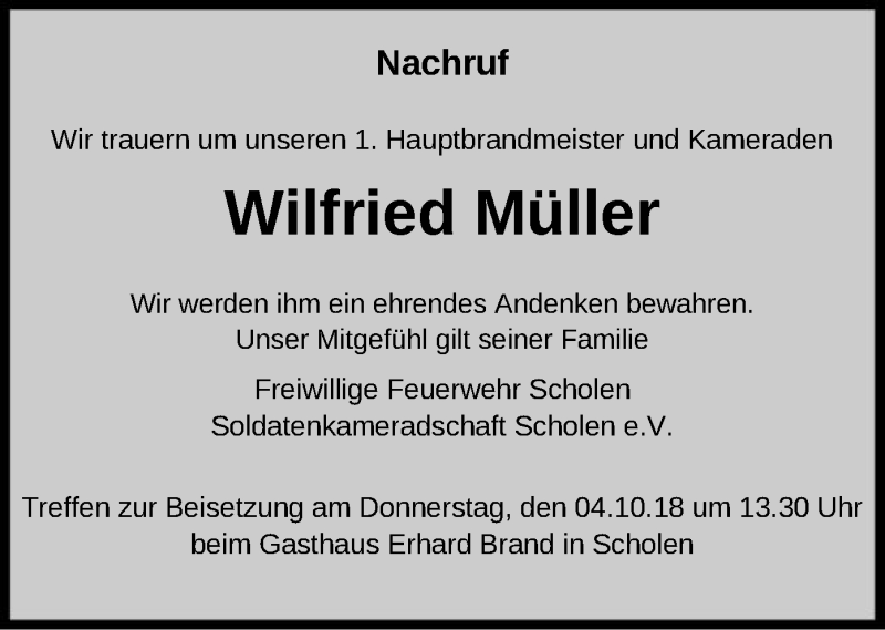  Traueranzeige für Wilfried Müller vom 01.10.2018 aus SYK