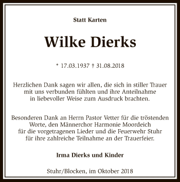 Traueranzeige von Wilke Dierks von SYK