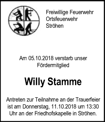 Traueranzeige von Willy Stamme von SYK