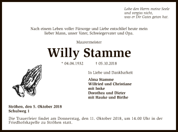 Traueranzeige von Willy Stamme von SYK