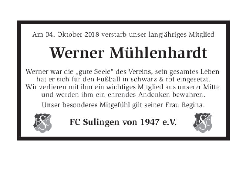  Traueranzeige für Werner Mühlenhardt vom 10.10.2018 aus SYK