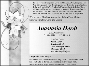 Traueranzeige von Anastasia Herdt von SYK