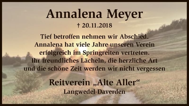  Traueranzeige für Annalena Meyer vom 30.11.2018 aus SYK