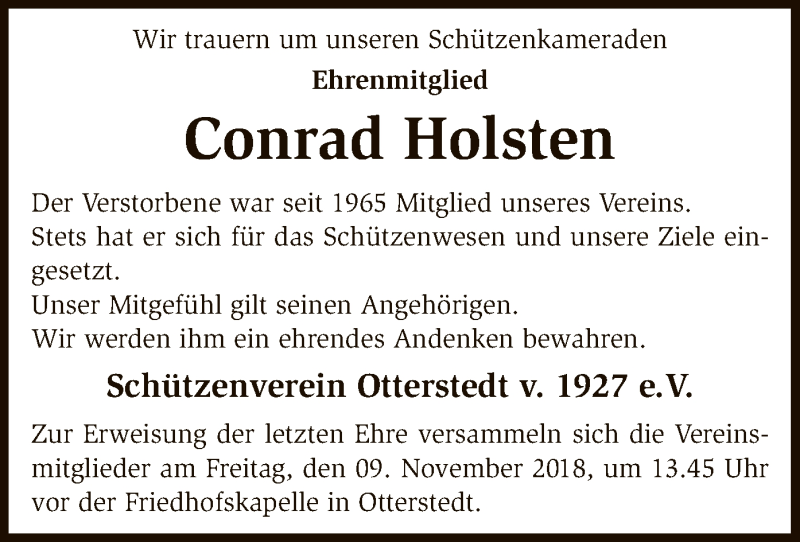  Traueranzeige für Conrad Holsten vom 06.11.2018 aus SYK