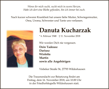 Traueranzeige von Danuta Kucharzak von SYK