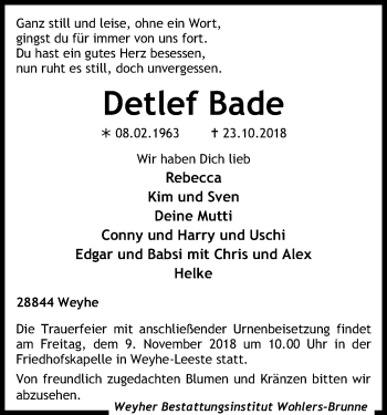 Traueranzeige von Detlef Bade von SYK