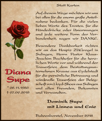 Traueranzeige von Diana Supe von SYK