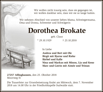 Traueranzeige von Dorothea Brokate von SYK