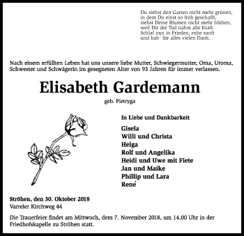 Traueranzeige von Elisabeth Gardemann von SYK