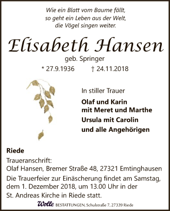 Traueranzeige von Elisabeth Hansen von SYK