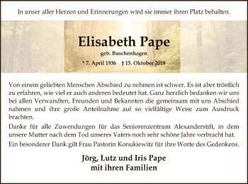 Traueranzeige von Elisabeth Pape von SYK