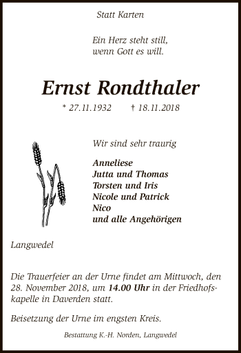 Traueranzeige von Ernst Rondthaler von SYK